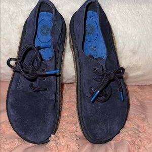 Birkenstock Blue and Brown Flats Sleek Suede Design